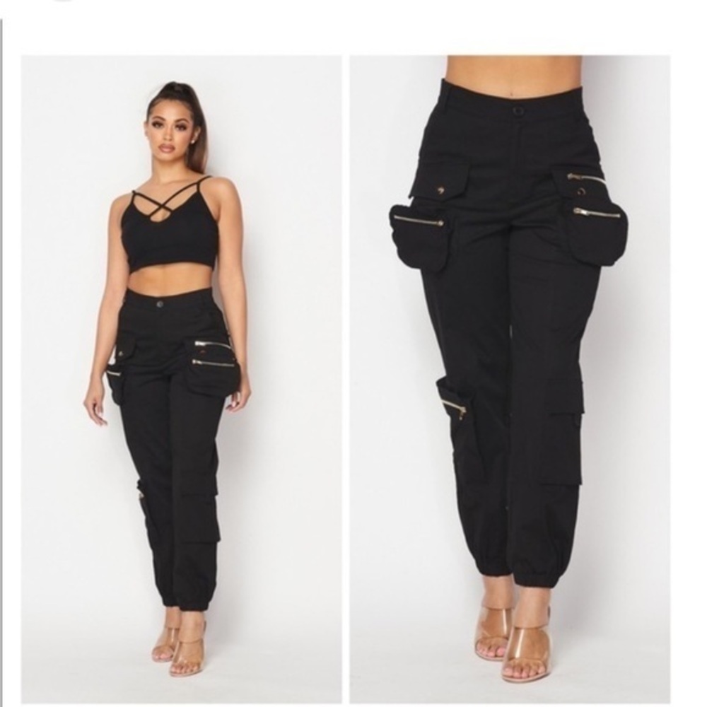 New Maniere De Voir Cargo Joggers Pants Exposed Zipper Black Size 16